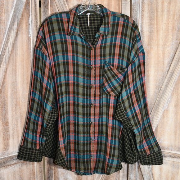 Free People Medium Multicolor Plaid Button Down Shirt - Picture 4 of 7